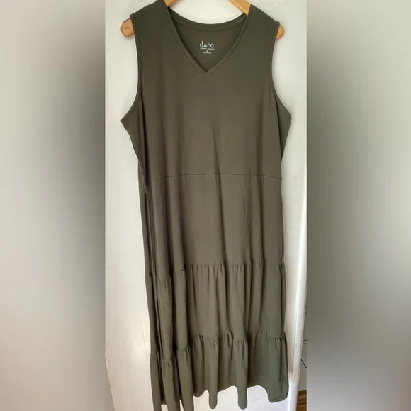 Denim & Co cotton sleeveless tiered stretch maxi dress olive green plus size  XL - Picture 9 of 9